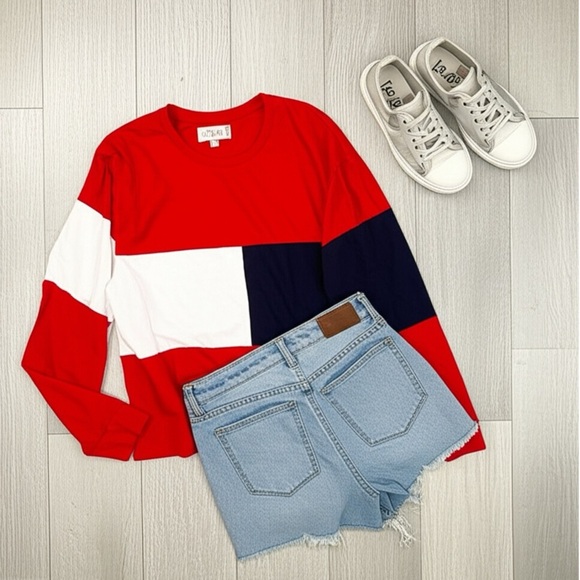 New GAZE Women’s Long Sleeve Boxy Fit Cropped Shirt Sz M Patriotic Color Block - Picture 11 of 11